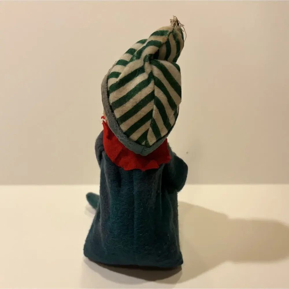 Vintage 7” Japan Knee Hugger Elf w/ Green Striped Hat And Jingle Bell